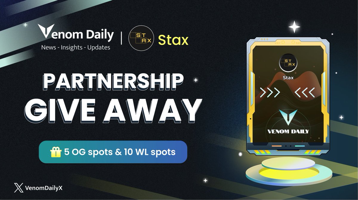 VenomDailyX's tweet photo. 📢 PARTNERSHIP GIVEAWAY

Venom Daily 🤝 Stax

🎁 5 OG spots &amp; 10 WL spots

1⃣ Follow @VenomDailyX + @stax_nft
2⃣ Like, Retweet and Tag 3+ friends
3⃣ Comment your wallet below
4⃣ Join here: https://t.co/p12BcITcIP

#NFT #VenomTestnet #Giveaway https://t.co/fwE4Nnedur