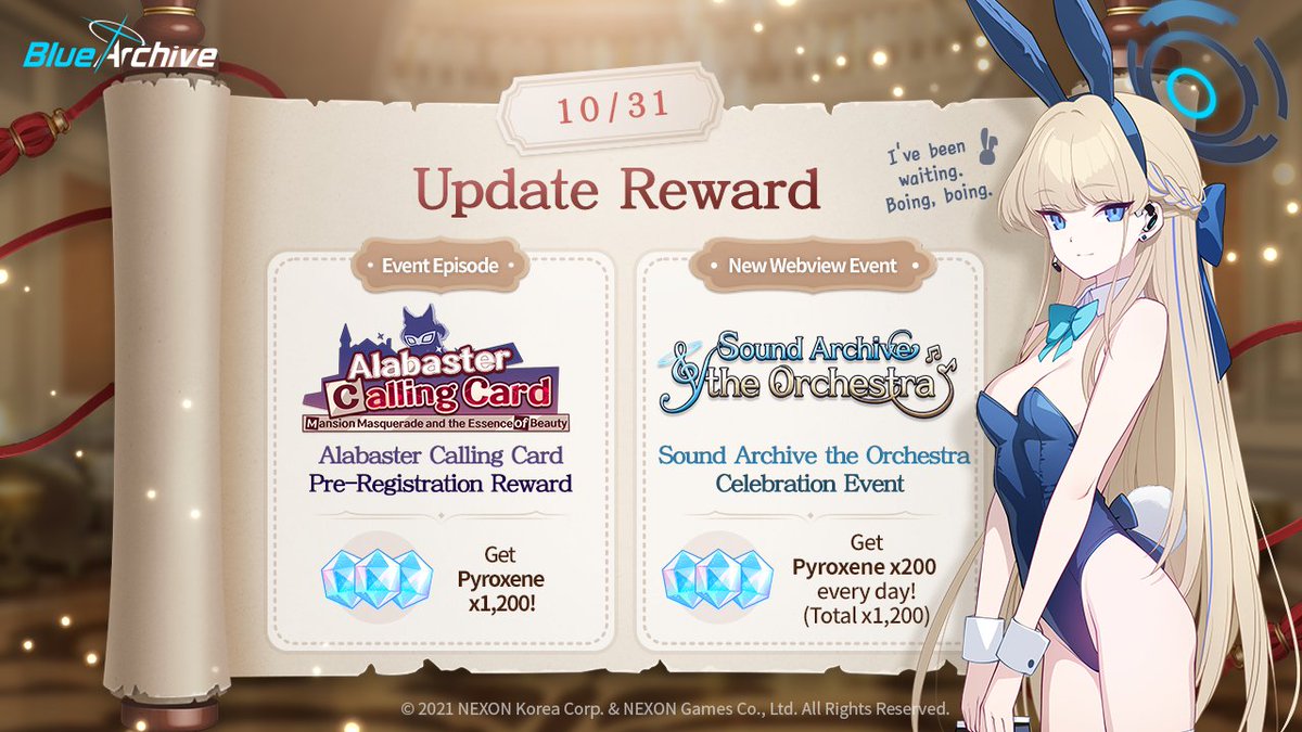 EN_BlueArchive's tweet photo. [10/31 Update Gift Notice]

The 2-year anniversary pre-reg. gift has arrived, Sensei!
Log in every day and receive loads of Pyroxenes!

🗓️Event Schedule: 10/31 (Tue) maintenance - 11/7 (Tue) 2:59 PM (UTC)

#BlueArchive https://t.co/t67UkMtTKP