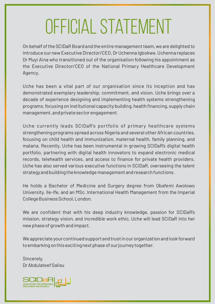 SCIDaR_'s tweet photo. With great excitement, we congratulate our new ED/CEO, Dr Uchenna Igbokwe @uchennaigbokwe  
following the exit of our former ED/CEO, Dr. @Muyi_Aina.

From all of us @SCIDaR_, we wish Dr. Uche a thriving tenure filled with innovative leadership and impactful strides forward. https://t.co/1TTWoP9wJj