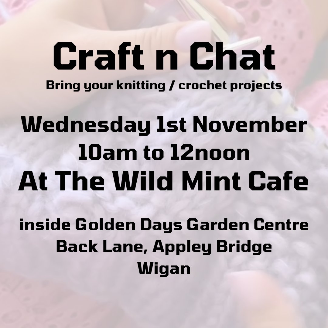 This weeks craft and chat meeting. Come along whether novice, beginner or expert and join us for a cuppa 😉

#knit #knitting #crochet #knitandcrochet  #craftandchat #chat #cuppa #wiganevents #wigancommunity #appleybridge #yarn #yarnlove #wool #wiganers #wigan #wigancommunity