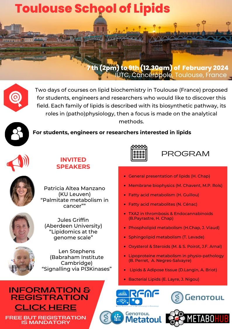 INRAE TIM (@toxalim_e01) on Twitter photo The Toulouse School of Lipids 2024: Free training but registration required.
Organized by <a href="/InsermOccPy/">Inserm Occitanie Pyrénées</a> <a href="/INRAE_Tlse/">INRAE Occitanie-Toulouse</a> with support from <a href="/Genotoul/">GENOTOUL Génopole Toulouse</a> <a href="/metatoul/">MetaboHUB-MetaToul</a> <a href="/Metabohub/">Metabohub</a> @rfmf <a href="/crctoncopole/">CRCT-Oncopole</a>.
Keynote lectures from @alteam_patricia <a href="/julesgrif/">Jules Griffin</a> and Len Stephens <a href="/BabrahamInst/">Babraham Institute</a> !!! The Toulouse School of Lipids 2024: Free training but registration required.
Organized by <a href="/InsermOccPy/">Inserm Occitanie Pyrénées</a> <a href="/INRAE_Tlse/">INRAE Occitanie-Toulouse</a> with support from <a href="/Genotoul/">GENOTOUL Génopole Toulouse</a> <a href="/metatoul/">MetaboHUB-MetaToul</a> <a href="/Metabohub/">Metabohub</a> @rfmf <a href="/crctoncopole/">CRCT-Oncopole</a>.
Keynote lectures from @alteam_patricia <a href="/julesgrif/">Jules Griffin</a> and Len Stephens <a href="/BabrahamInst/">Babraham Institute</a> !!!