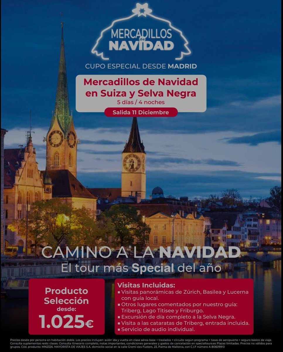 ✈️ OFERTA #GOINGTRAVEL

🇨🇭 Suiza
📆 11-15 Diciembre

Disfruta del centro-oeste de Europa y sus lugares naturales con una oferta de calidad. Ven con nosotros!

ℹ️ Más información
📞 931426050
🌐 Goingtravel.com

#Holidays #Suiza #Vacaciones #MarNegro