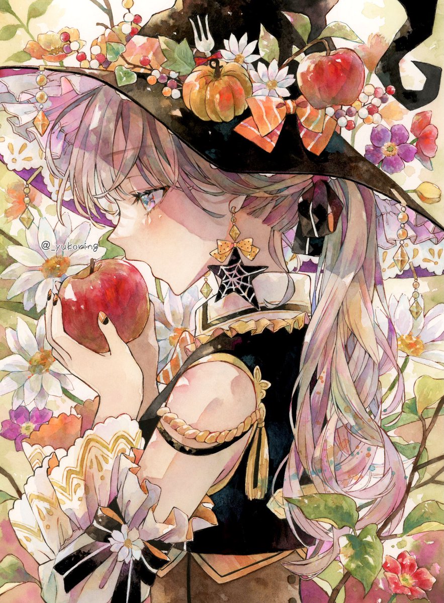 1girl flower hat food fruit witch hat solo  illustration images