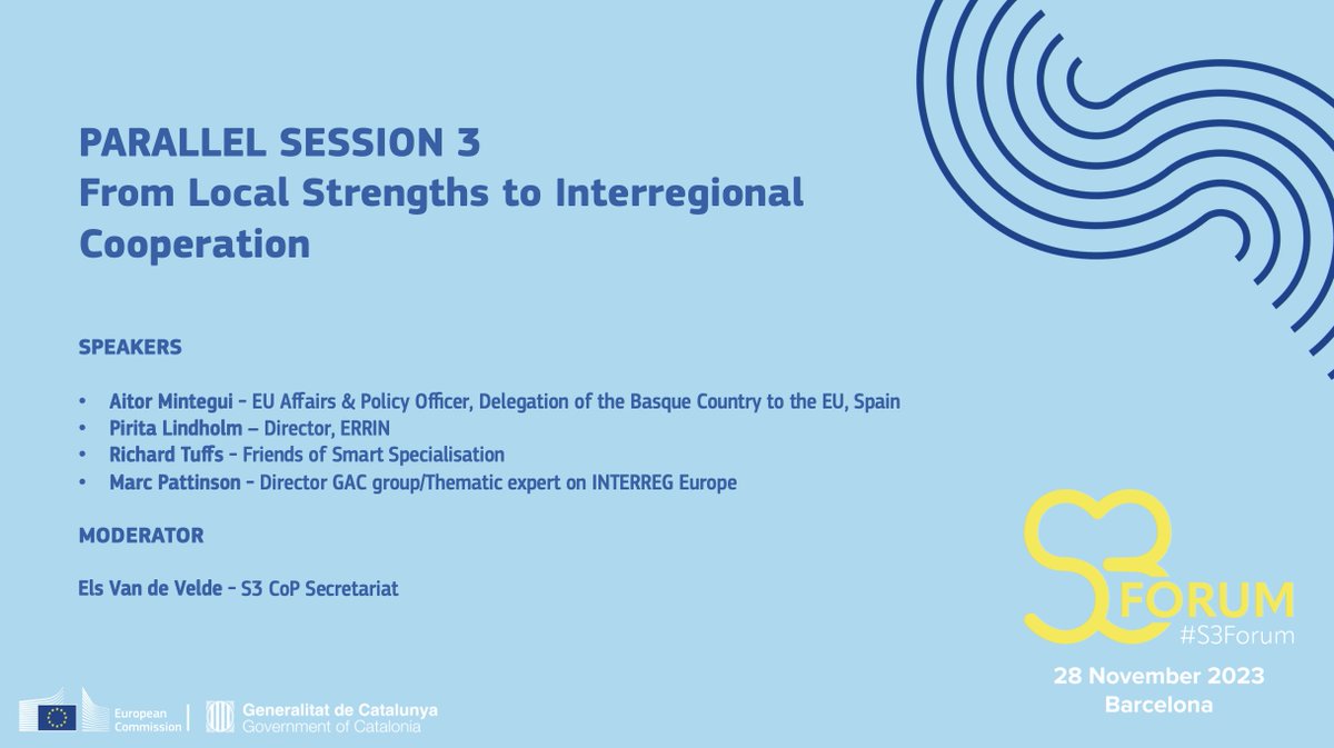 #S3Forum Parallel Session 3⃣ From Local Strengths to Interregional Cooperation with:
🗣️ <a href="/minteguiait/">Aitor Mintegui</a>, Delegation of the Basque Country to the EU
🗣️ <a href="/pirita_lindholm/">Pirita Lindholm</a>, ERRIN 
🗣️ <a href="/TuffsRichard/">Richard Tuffs</a>, Friends of Smart Specialisation 
🗣️ <a href="/MarcPattinson2/">MarcPattinson2</a>, GAC group / INTERREG Europe