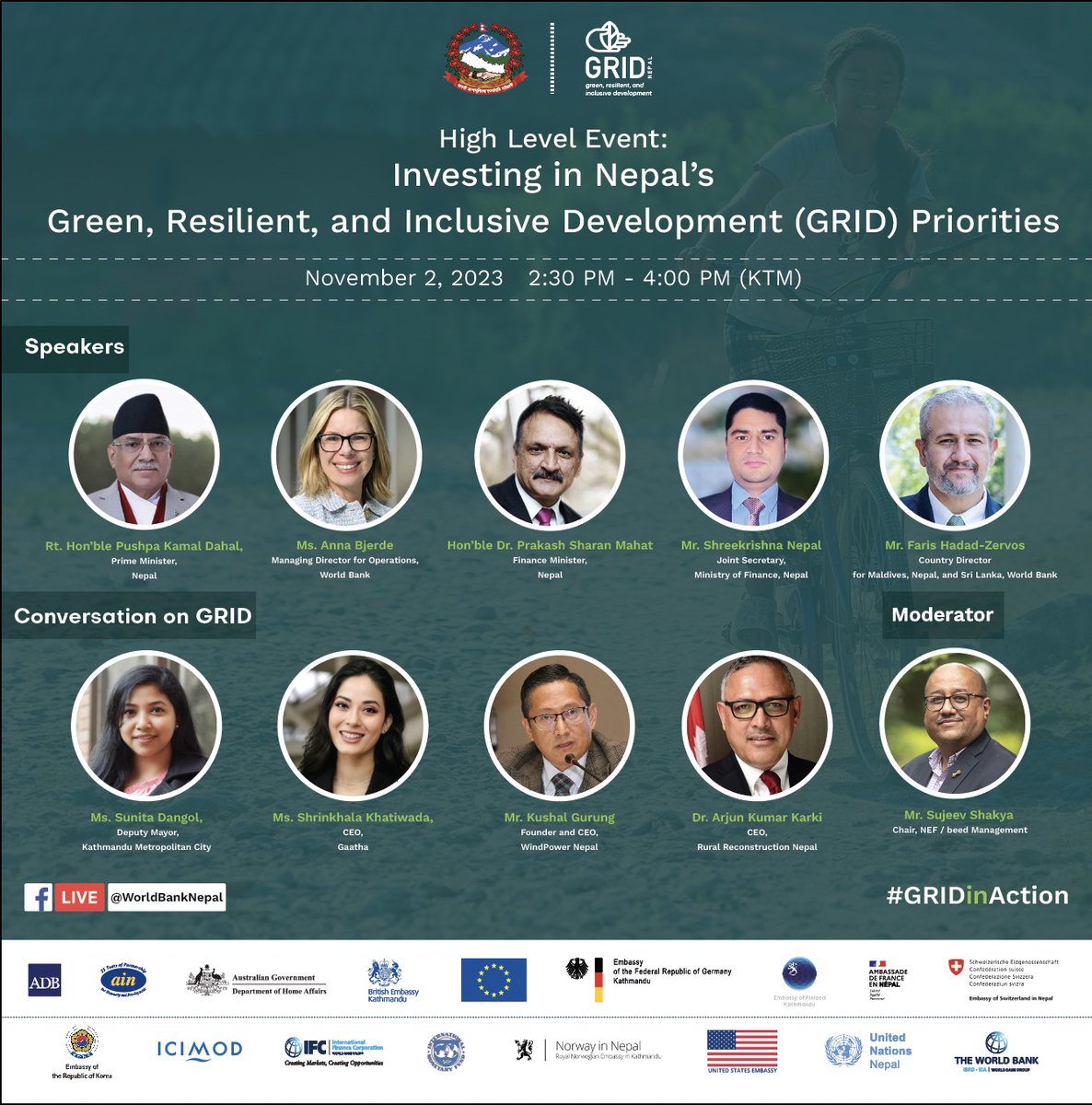 Join Rt. Hon. Prime Minister <a href="/cmprachanda/">☭ Comrade Prachanda</a>, World Bank MD <a href="/bjerde_anna/">Anna Bjerde</a>, Hon. Finance Minister <a href="/DrPSMahat/">Dr. Prakash S. Mahat</a> &amp; Joint Secy, MOF <a href="/SKNepal10/">Nepal Shreekrishna</a> for a high-level dialogue on investing in #Nepal's green, resilient &amp; inclusive development priorities.
📆 Nov 2, 2:30pm
▶️ wrld.bg/mMfZ50Q2sUq