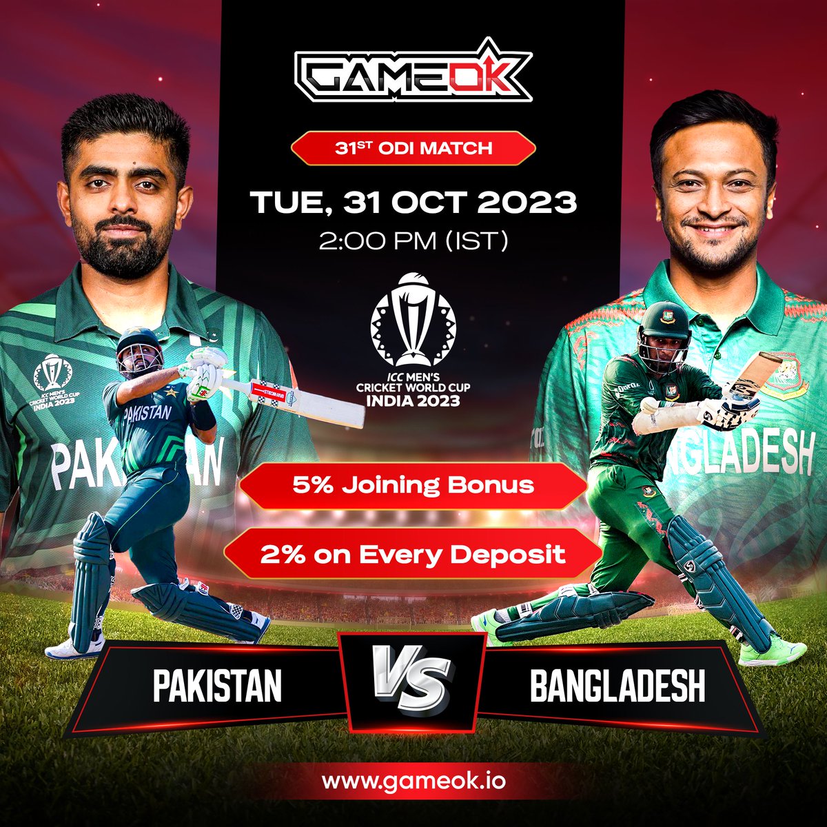 🏏 Pakistan vs. Bangladesh - the clash of the titans! 

Support your favorite team and catch the match live for free on GameOK. 

It's a win-win situation for cricket fans. 🌟

#PakVsBan #LiveCricket #GameOK #BLoveGames #BFIC #GameFi #P2E #OnlineGaming #LIVE