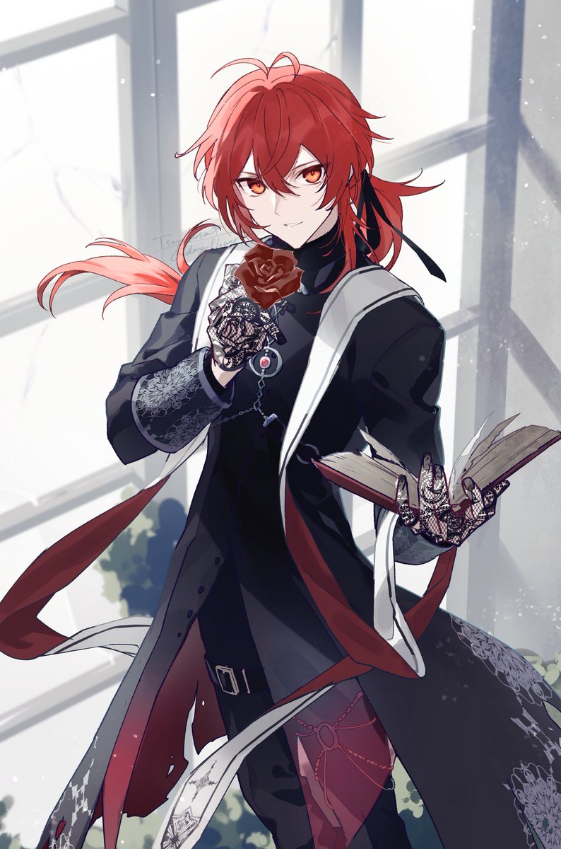 diluc (genshin impact) 1boy red hair male focus red eyes flower book holding  illustration images