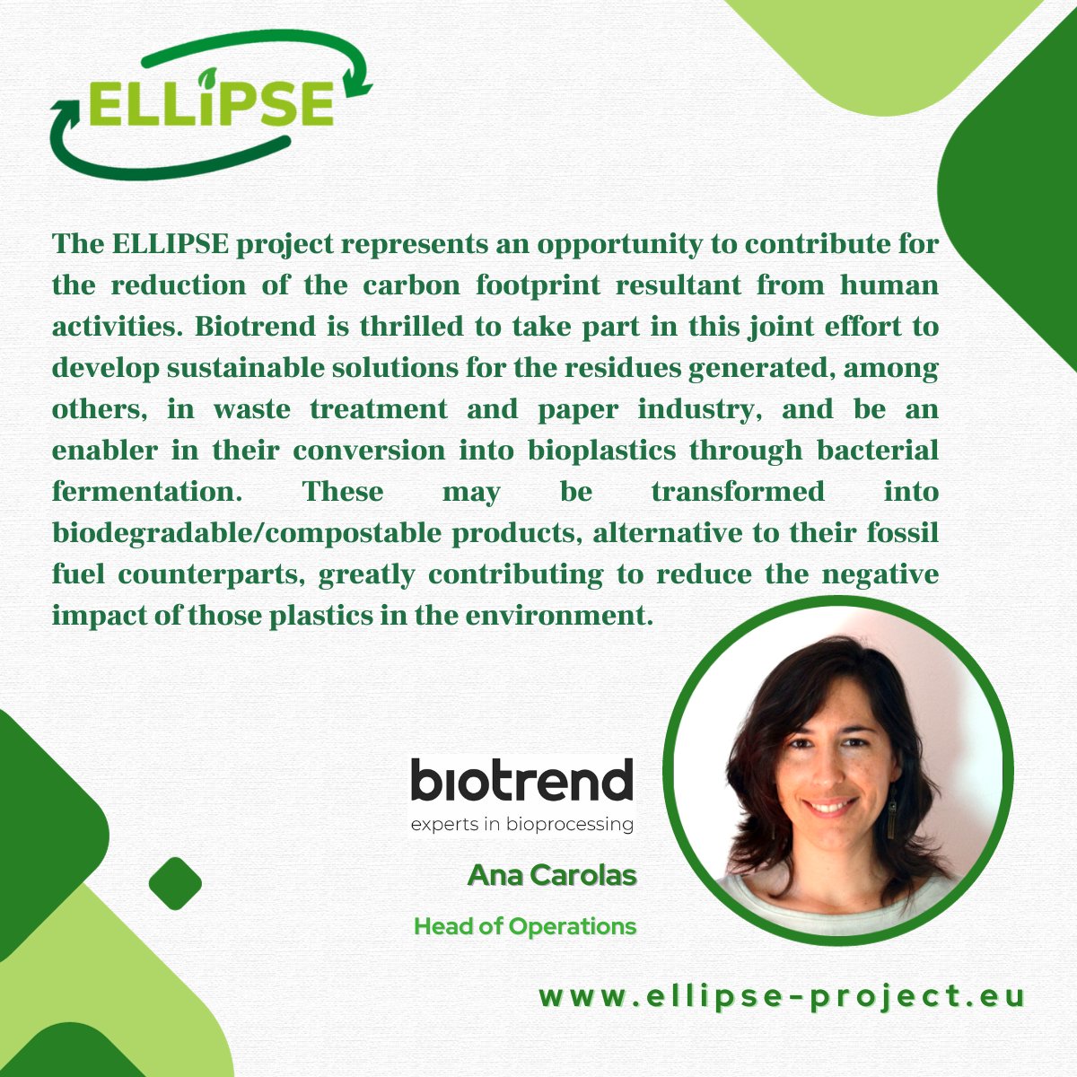 ELLIPSE_Project's tweet photo. 1️⃣ st project representative featured in #WhatELLIPSEmeanstome is @ELLIPSE_Project 's Head of Operations: 𝓐𝓷𝓪 𝓒𝓪𝓻𝓸𝓵𝓪𝓼 from Biotrend SA.♻
#WhatELLIPSEmeanstome🖍
It's #ELLIPSETuesday📣
#wastevalorisation #circulareconomy #sustainability #innovation #biodegradable https://t.co/rNjeyaFN9G