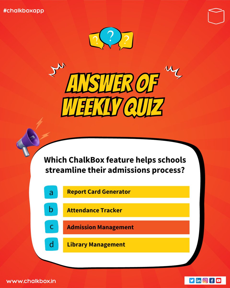 chalkboxapp's tweet photo. The Answer to the question " Which ChalkBox feature helps schools streamline their admissions process?"
A. Report Card Generator
B. Attendance Tracker
C. Admission Management
D. Library Management
is.. https://t.co/bI0474p9uA