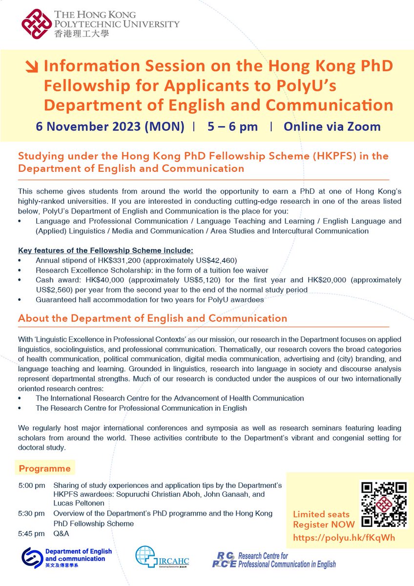 Want to learn more about #PhD studies at @HongKongPolyU? Join us next Monday at the information session by the Department of English and Communication @HKPolyUENGL