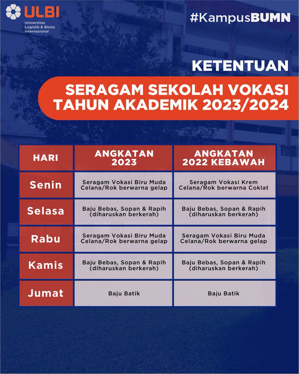#ULBIAN tau gak sih kalau di Sekolah Vokasi ULBI itu kuliahnya pakai seragam lohhhh!🤫

Apa aja sih ketentuan seragam setiap harinya?
#KuliahHarusTau ini dia Ketentuan seragam Sekolah Vokasi ULBI Tahun Akademik 2023/2024!

Ayo dicatat, jangan sampai salah kostum🤫

#KampusBUMN
