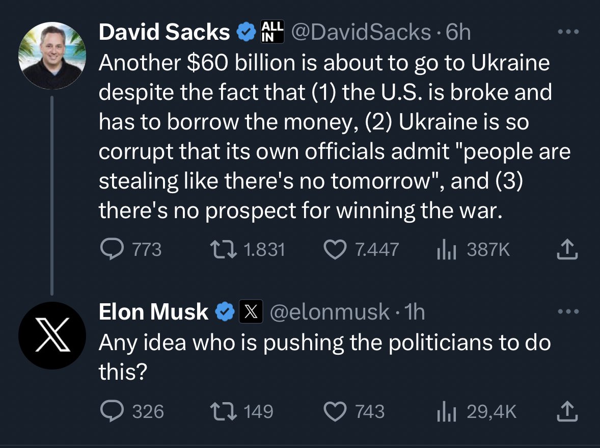 Elon Musk fragt unter dem Tweet eines widerlichen Putin-Propagandisten, wer hinter allem steckt und welche finsteren Mächte die Politiker der USA steuern. Was meint ihr kommt dabei heraus? Spoiler: George Soros ist eine der häufigsten Antworten seiner blaubehakten Idiotenarmee.