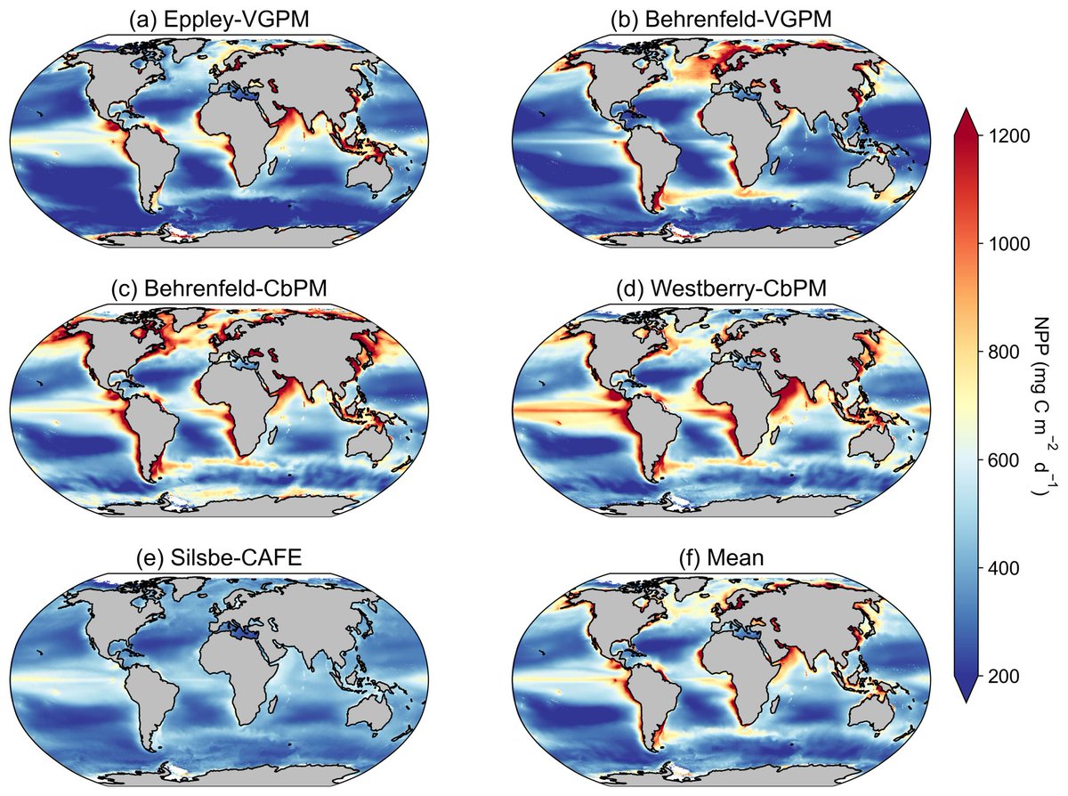 Here we took 5 different algorithms and applied them to the <a href="/esa/">European Space Agency</a> <a href="/PlymouthMarine/">Plymouth Marine Lab</a> Ocean Colour Climate Change Initiative data to develop one of the longest records available for NPP