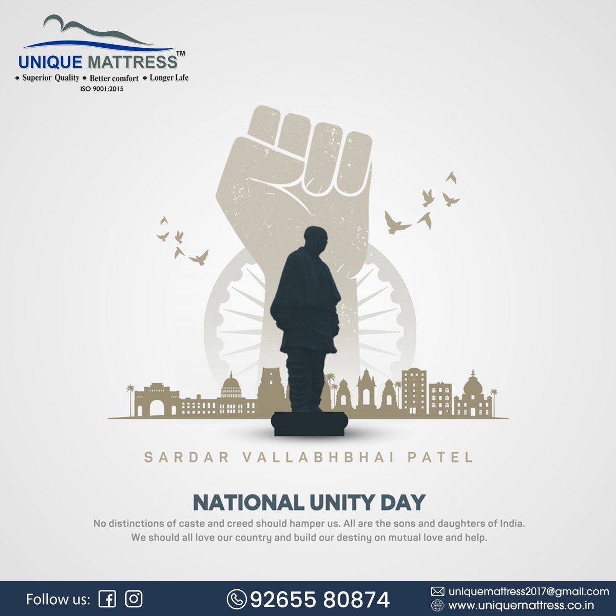 'Unity in diversity is India’s unique strength. Wishing everyone a harmonious National Unity Day.' 
.
.
.
#nationalunityday #sardarvallabhbhaipatel #statueofunity #unity #sardarpatel #uniquemattress #mattress #interior #khushali #happineshome #softmattress #bed #bedroom