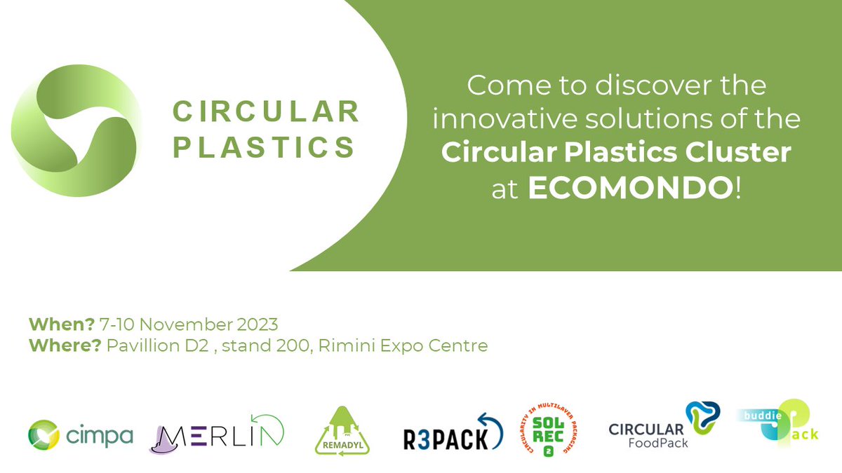 Let's meet at #ecomondo2023 !! Drop by the Circular Plastics Cluster booth and discover all the innovative solutions that are being developed through #EUfunded projects! 🗓️7-10 November 2023 📍Pavillon D2, Stand n.200, Rimini Expo Centre