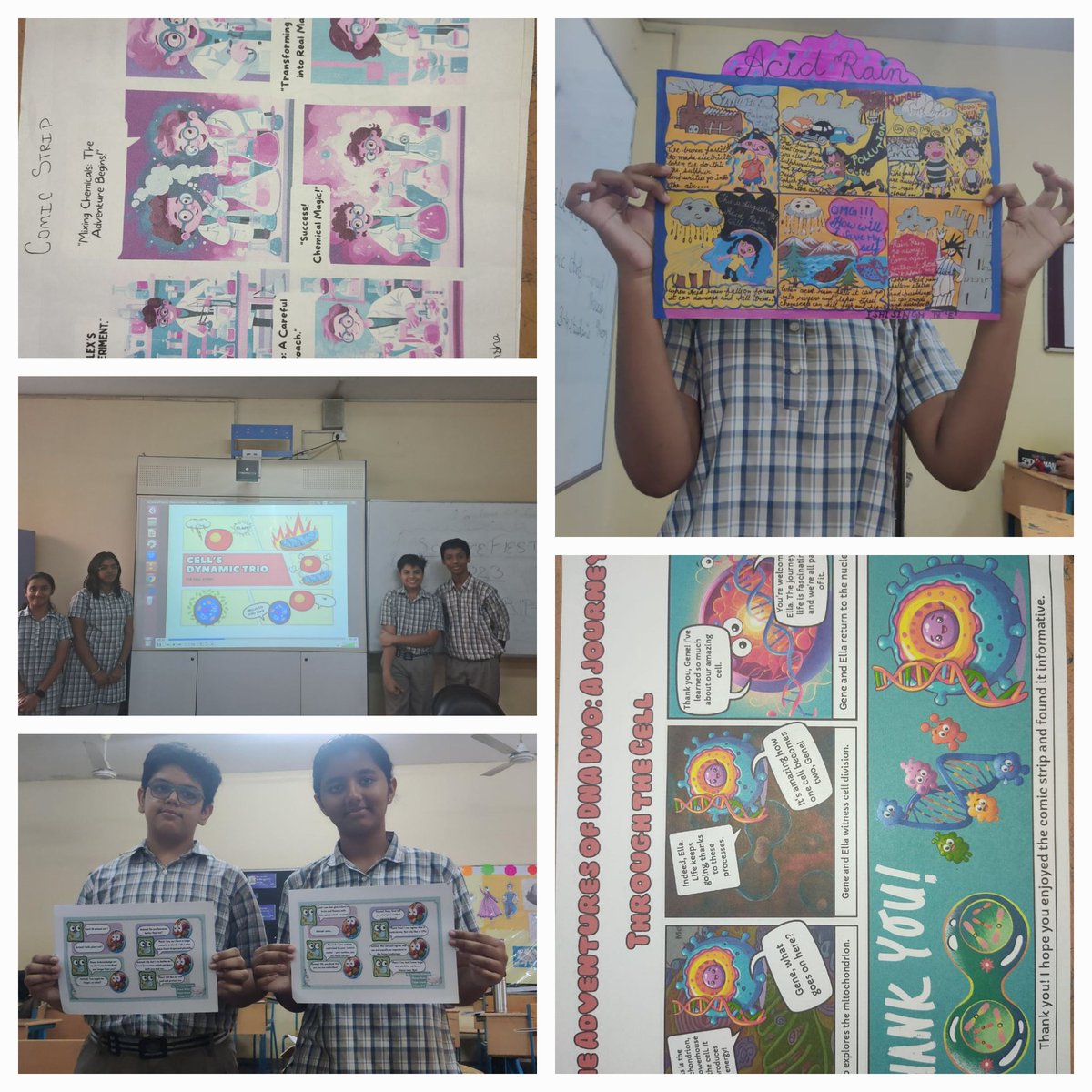 Karuna_gupta1's tweet photo. #sciencefiesta 2023. IX Class students presenting comic strip as a part of their second day activity. #innovation, An amazing ways to merge the artistic skills of students with scientific concepts. @ashokkp @y_sanjay @pntduggal @kandhari_ekta @ChopraNavleen @NidhiCh58935243 https://t.co/xzYQKZedXF