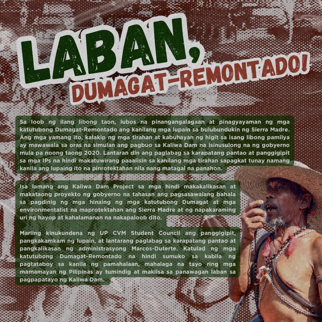 UPCVMSC's tweet photo. [DUMAGAT DAY | OKTUBRE 30, 2023]

Mariing kinukundena ng UP CVM Student Council ang panggigipit, pangkakamkam ng lupain, at lantarang paglabag sa karapatang pantao at pangkalikasan ng administrasyong Marcos-Duterte.

#DumagatDay
#NoToKaliwaDam
#NoToDevelopmentAggression https://t.co/4CHRWgiC9j