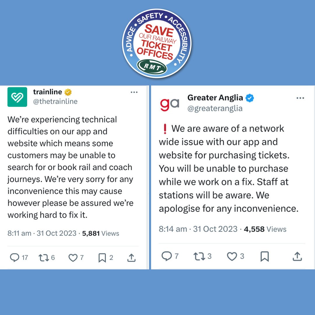 RMTunion's tweet image. This morning, the transport watchdogs will give their verdict on the future of ticket offices.
This morning, the technology that the Government and Train Operators insist can replace ticket offices has stopped working!!
#SaveTicketOffices