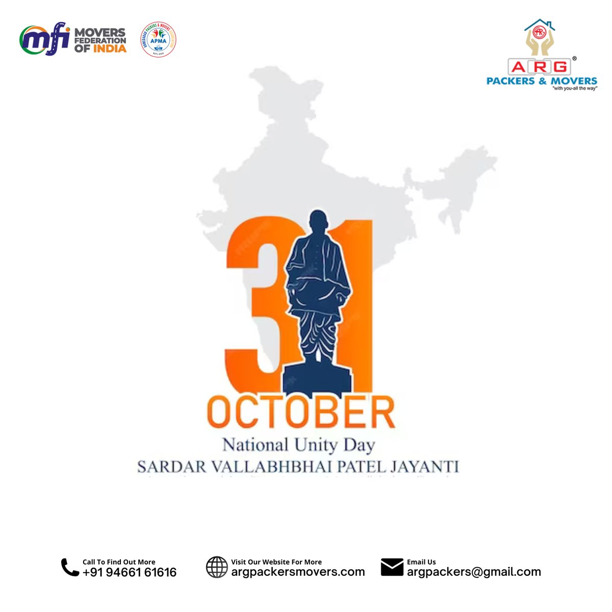 ArgMovers's tweet image. Celebrating National Unity Day on 31st October, honoring the legacy of Sardar Patel. Together, we stand united for a stronger India!

#NationalUnityDay #MFIMovers #ARGPackersAndMovers #ARGPackers