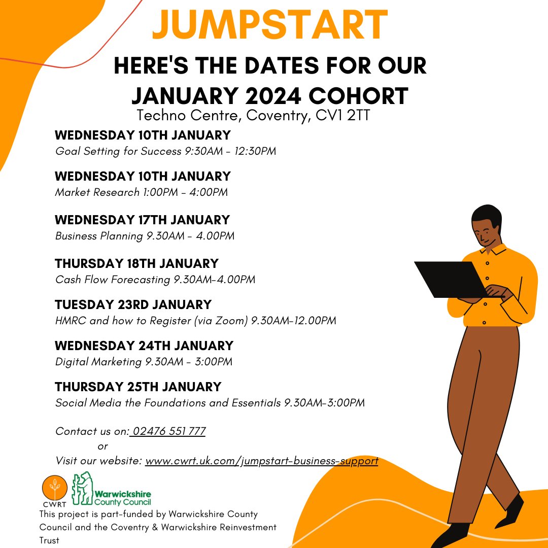 CWRTBizSupport's tweet image. Not long until our winter Jumpstart free business workshops begin. Interested?? Then please contact us as soon as possible to secure your place!!!! cwrt.uk.com/jumpstart-appl……
Call us on: 02476 551 777