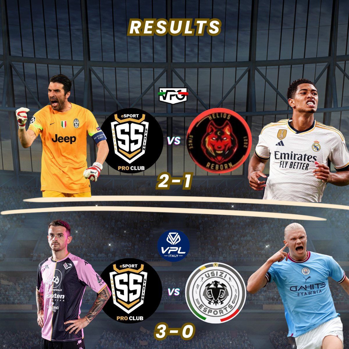 RESULTS 

<a href="/VPGItaly/">Virtual Pro Gaming Italy 🇮🇹</a> VS Helios Reborn
✅ 2-1
⚽ <a href="/MisterSbidel/">Sbidello</a> 
⚽ <a href="/daniele070689/">daniele070689</a> 

<a href="/VPLItaly/">VPL Italy 🇮🇹</a> VS Usizi Esports
✅ 3-0
⚽ <a href="/GR_RBaggio/">Giannijr1805</a> 
⚽ <a href="/MisterSbidel/">Sbidello</a> 
⚽ <a href="/daniele070689/">daniele070689</a>