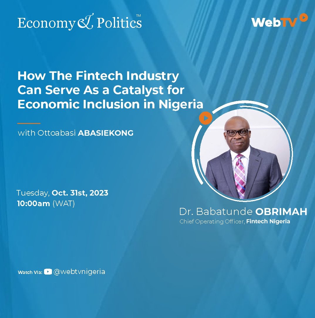 webtvnigeria's tweet photo. Join Ottoabasi Abasiekong @ottoabsi1 on this week’s episode of Economy and Politics as he discusses: "How The Fintech Industry Can Serve As a Catalyst for Economic Inclusion in Nigeria" with the Chief Operating Officer, @fintechngr, Dr. Babatunde @obrimah.

Watch the interview here: https://t.co/62TDIHlAEv

Follow @webtvnigeria and never miss an update.