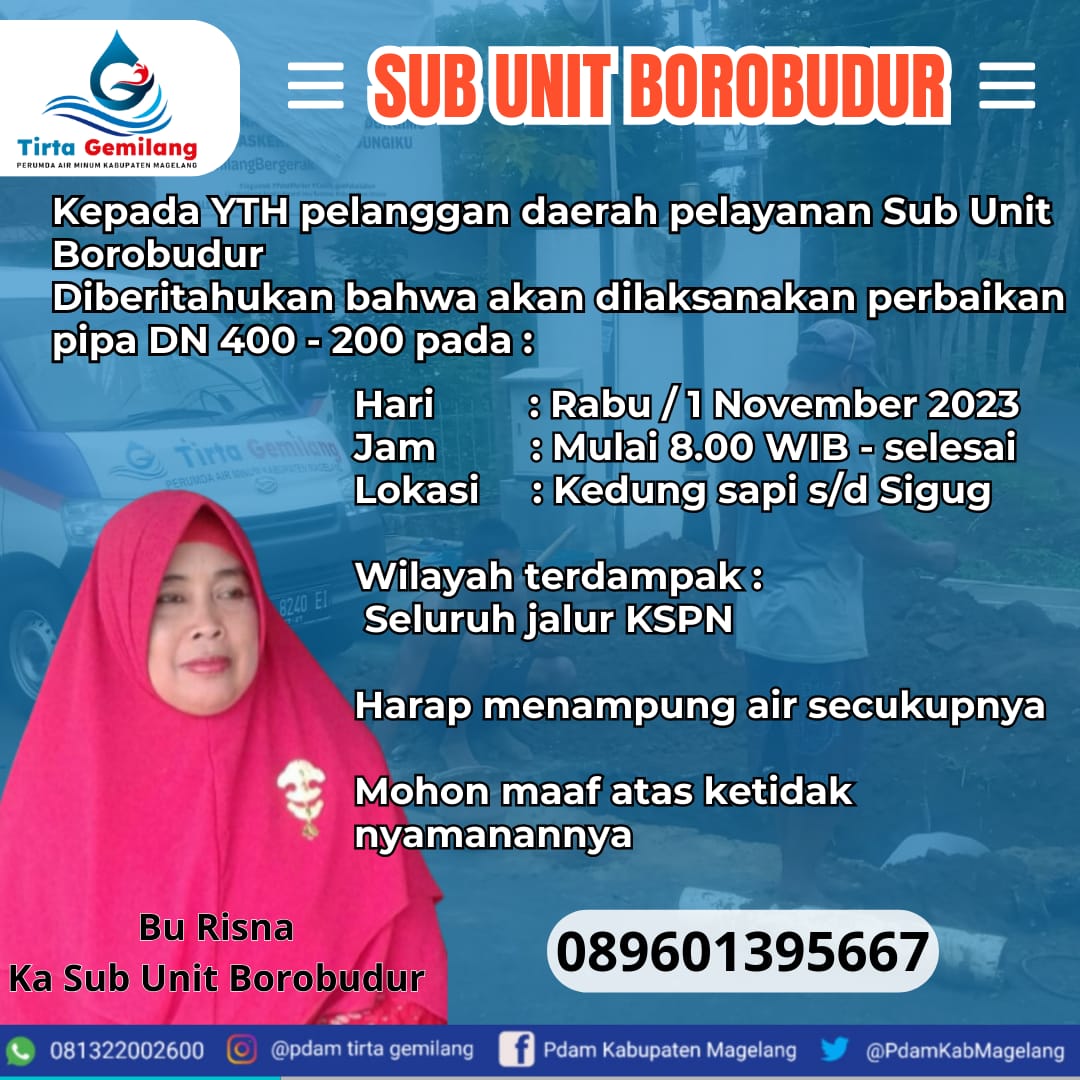 Hai Sobat Gemilang iziin menginfokan adanya perbaikan pipa yang akan dilaksanakan besok oleh sebabitu  dihimbau untuk menampung air ya ..mohon maaf atas ketidaknyamananya