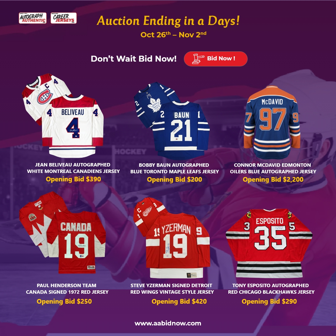 AutographAthntc's tweet image. 🚨 Final Countdown Alert!
Place Your Bid Now at : aabidnow.com
Last Chance to bid on jerseys autographed by legends like McDavid, Yzerman, Baun &amp;amp; More. Bid now and make these hockey treasures yours! 🏒
#AuctionCountdown #SportsMemorabilia #HockeyAuction #HeartAndStroke