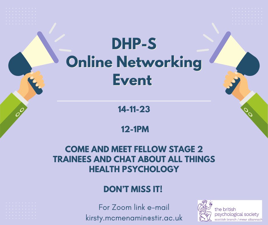 Calling all Health Psychology graduates 📢

Don’t miss this opportunity to network with fellow stage 2 trainees and talk about all things Health Psychology 

DM for the Zoom link or get in touch via email
⬇️                                ⬇️                            ⬇️