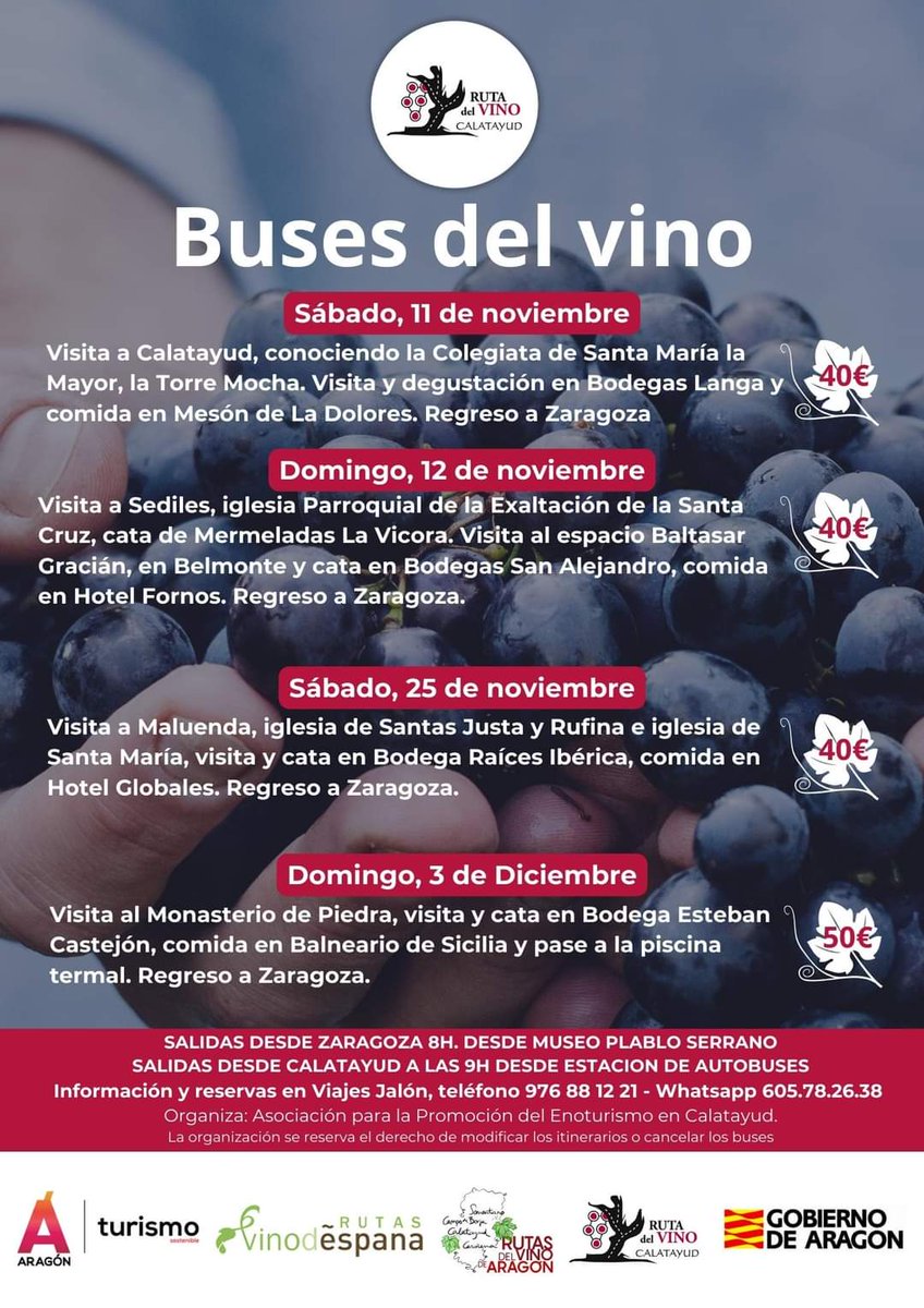 ¡NOVIEMBRE, MES DEL ENOTURISMO!
¡Vuelve el BUS DEL VINO!

Cuatro rutas que tendrán salida desde #Zaragoza y que mostrarán a nuestros visitantes grandes joyas del patrimonio que tenemos en la Ruta.

Información y reservas:
Viajes Jalón - Tfno 976.88.12.21 - Whatsapp 605.78.26.38