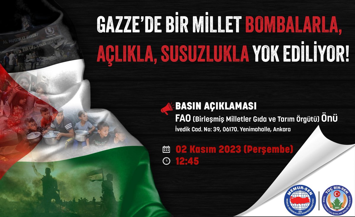 "Gazze aç, Gazze susuz, 
Nerede insanlık onurunuz?
Ölen, parçalanan Müslüman olunca, 
Kör, sağır, lal oldunuz!"

Bombalarla, açlıkla ve susuzlukla soykırıma uğrayan  Gazze'nin çığlığına sessiz kalan FAO'ya tepkimizi göstermek için toplanıyoruz.

📍 FAO Önü
🗓️ 02.11.2023
🕛 12:45