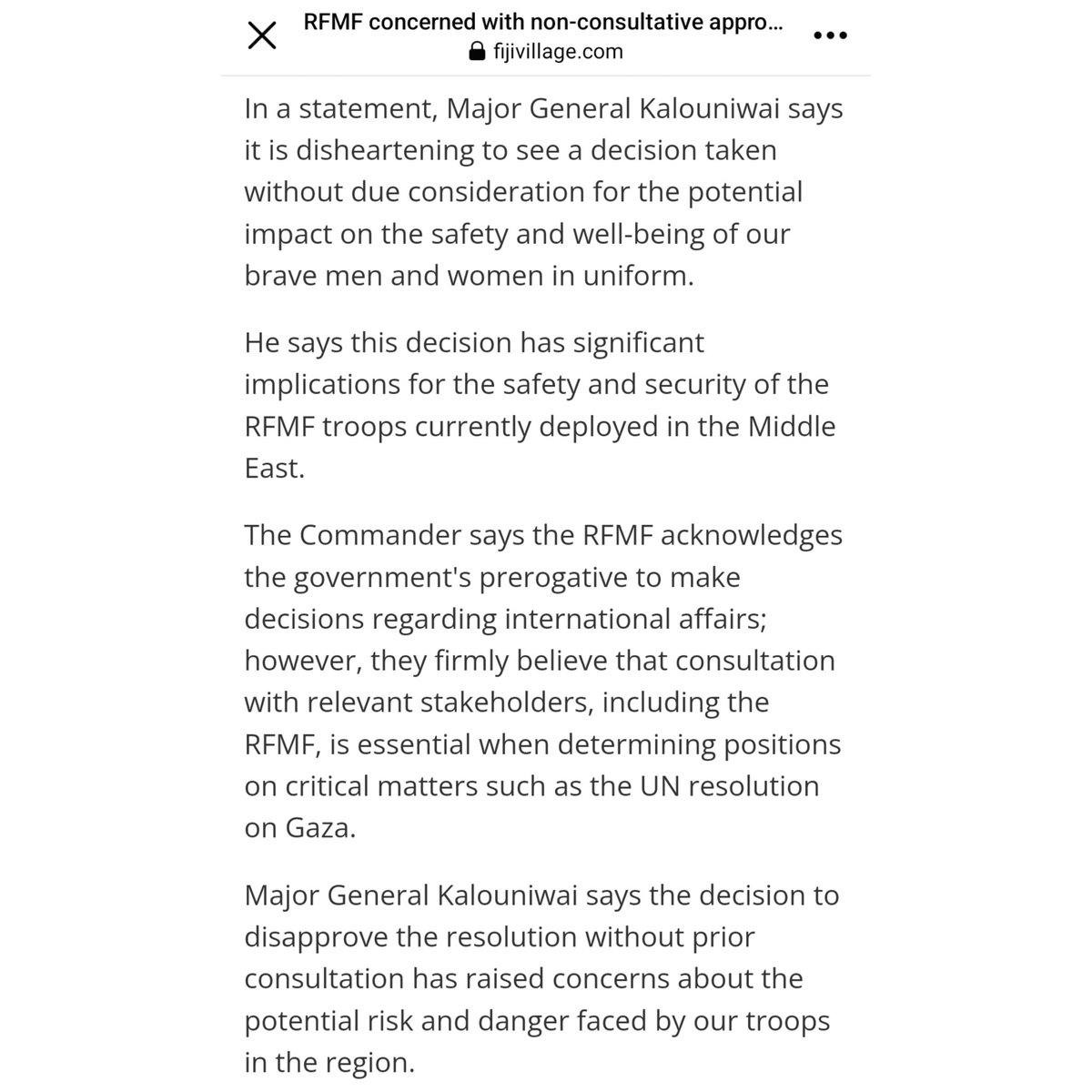 Strongly agree with <a href="/RFMF_Defence/">Republic of Fiji Military Forces</a> Commander <a href="/Joneh20Lord/">Jone Kalouniwai Logavatu</a>'s statement. Security diplomacy has been our greatest asset to protect Fijian civilians &amp; our sovereignty. Fijian security forces are known &amp; praised for supporting peace. Did not consult our own military 🙄🤦‍♀️