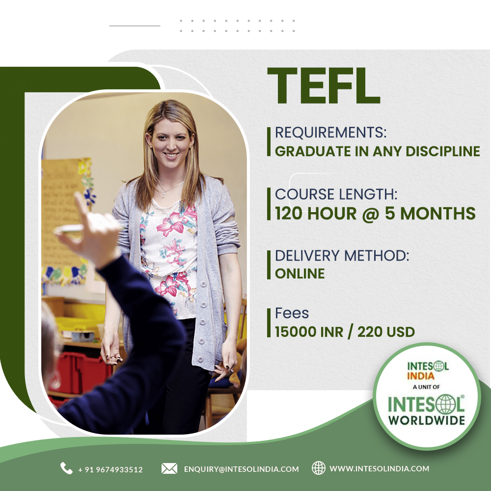 Intesol India is now providing TEFL courses online. In this course, teachers will learn how to teach reading, writing, speaking, and listening skills, as well as vocabulary learning and teaching skills.

#TEFL #IntesolIndia #OnlineLearning #TeachingOpportunities #LanguagePassion