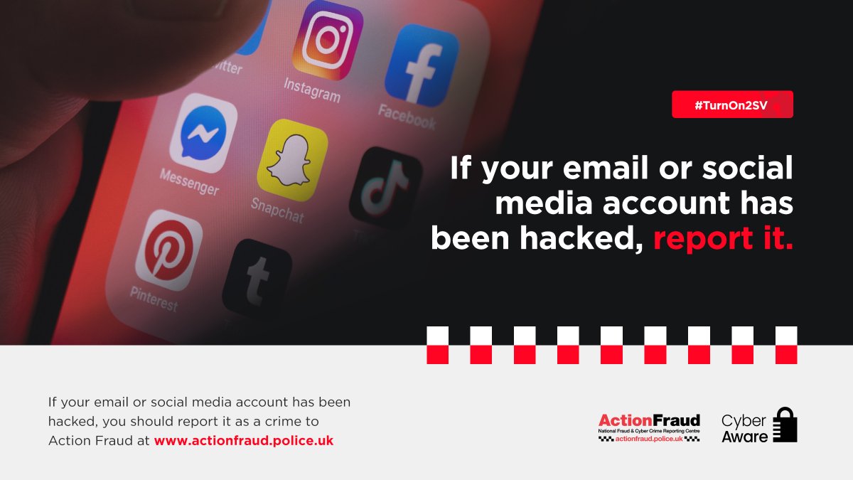 ✅ If your email or social media account has been hacked, you should report it as a crime to <a href="/actionfrauduk/">Action Fraud</a> here:
actionfraud.police.uk

#Turnon2SV