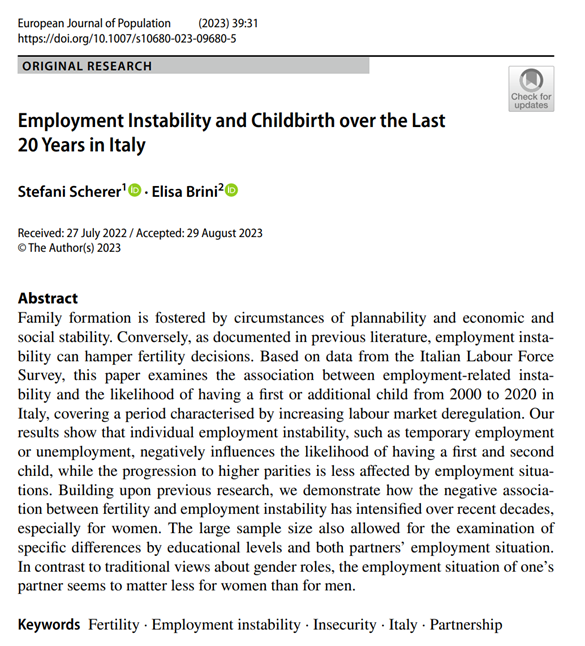 eli_brini's tweet photo. Does employment instability affect family planning? You bet!

📢 In a new paper with @SSch_SSS on European Journal of Population, we analyse the role of #employment instability on #fertility in #Italy, covering two decades characterized by increased labour market deregulation
1/4 https://t.co/aMj5NQpXJ2
