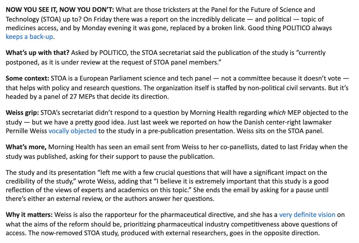 My colleague <a href="/carlomartu/">Carlo Martuscelli</a> cracks the cold case of a missing STOA report for <a href="/POLITICOEurope/">POLITICOEurope</a>'s Morning Health 

Pretty telling case of abuse of power in the EP? Reach out to him if you know more