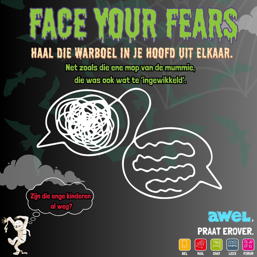 Je hebt misschien geen schrik meer van spoken maar wel van realistischere dingen.
Is daar geen Halloweenwandeling van ofzo?!
We willen ons wel verkleden als belastingsbrief/trauma/opgestapeld huishouden/boetes&amp;rekeningen/file/schoonouders/ontslag/red flags/.. hoor!
