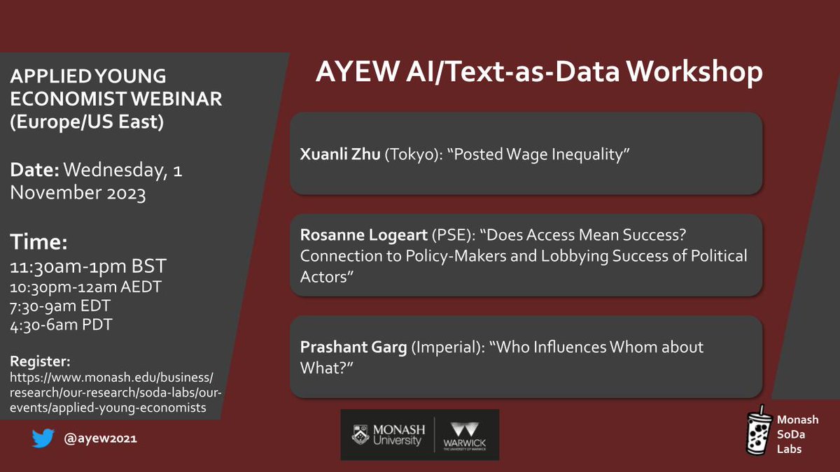 TOMORROW (1 November): AYEW AI/Text-as-Data Workshop! Join us at 11:30am BST (10:30pm AEDT) to listen to Xuanli Zhu (@UTokyo_News_en), @RosanneLogeart (@PSEinfo) and @Prashant_Garg_ (@imperialcollege) Sign up for Zoom details: monash.edu/business/impac…