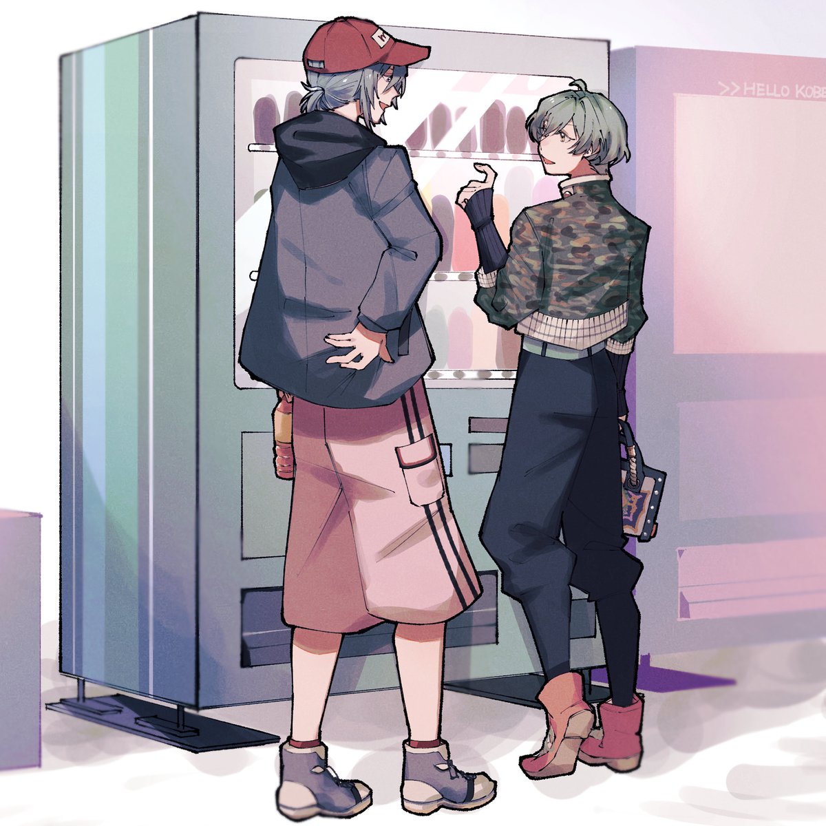 hat vending machine jacket 2boys grey hair camouflage multiple boys  illustration images