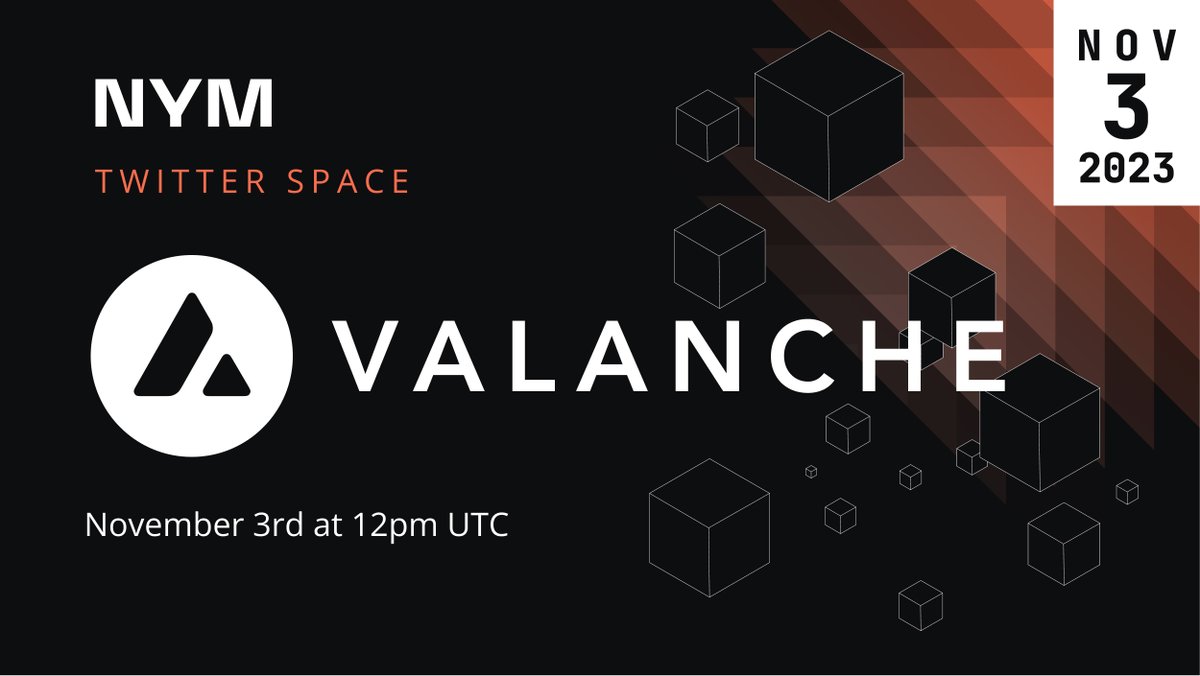 nym's tweet photo. 🚀 Nym is thrilled to have @avax, the future-proof blockchain, as a special guest in an upcoming Twitter Space. Join on November 3rd to discuss privacy in #Web3, collaboration, and the future of #Avalanche. 

Set your notifications now! 👇🏻
https://t.co/kR76Z4PVUV https://t.co/dc4b0JhJ51