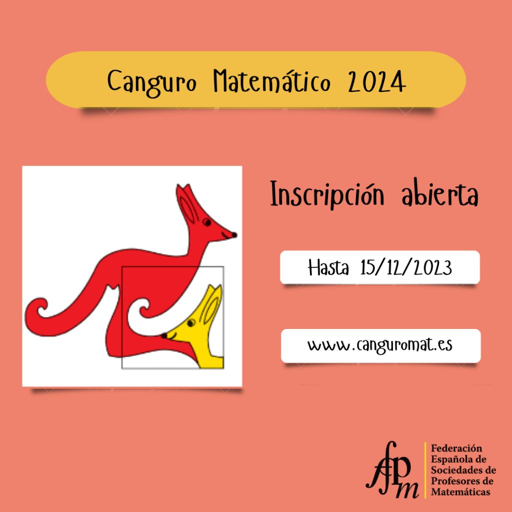 📣 ¡Inscripciones Abiertas! Canguro Matemático <a href="/fespm_es/">FESPM</a> 2024

👥 Niveles: 1º-4º ESO, 1º-2º Bachillerato.
⏳️ Plazo hasta el 15/12/2023. 

✍️ Inscripción solo en: canguromat.es

Descarga previamente la hoja de cálculo para tu centro. 🔗 inscripcion.canguromat.es/img/inscripcio…
