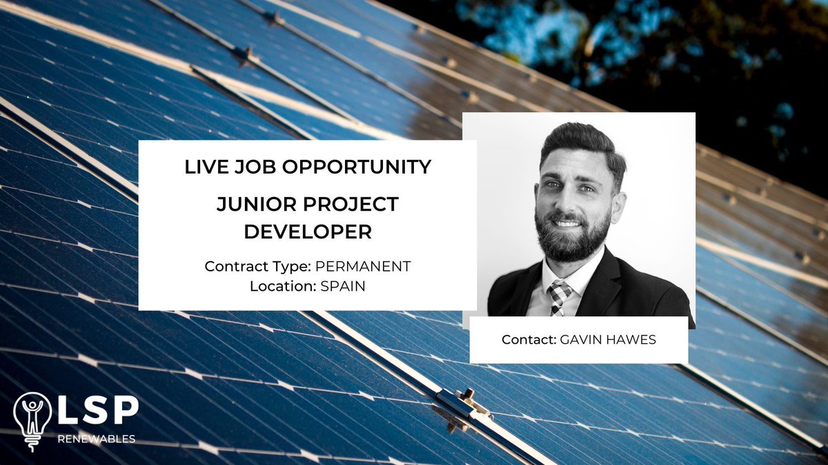 LspRenewables's tweet image. LSP Renewables - Live Job Opportunity
Junior Project Developer
Location: Spain
Contract Type: Permanent

Apply Here - buff.ly/3QhJ1Iz

#lsprenewables #projectdeveloper #juniorposition #solarenergy #solarpv #renewableenergy #solarjobs #spain