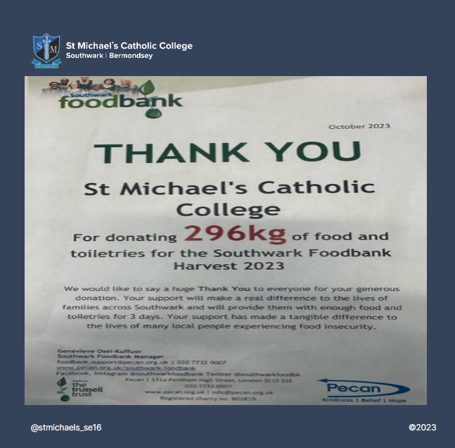 StMichaels_SE16's tweet photo. We were delighted to receive this certificate from @southwarkfoodbk in recognition of our contribution to their Harvest Appeal 2023. Thank you to all who donated to support those in our local community in need at this time #faithinaction https://t.co/e9UzD4eIut