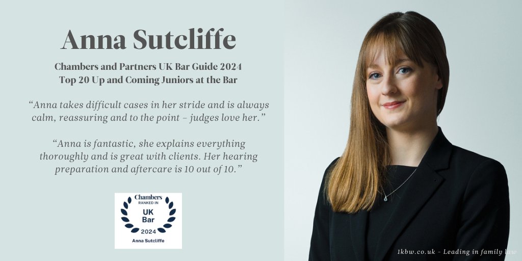 Congratulations to Anna Sutcliffe who is the only family practitioner to be featured in the top 20 up and coming Juniors at the Bar in the recent @ChambersGuides UK Bar Guide 2024. chambers.com/topics/up-and-…