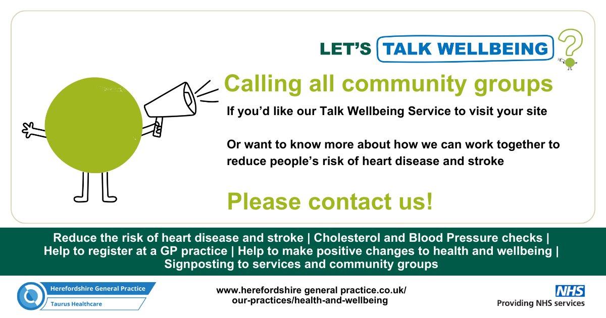 TaurusHealthcare/Herefordshire General Practice (@taurushlthcare) on Twitter photo Did you know our Talk Wellbeing service can visit your community group?
To find out more, visit our webpage: herefordshiregeneralpractice.co.uk/health-and-wel… , complete the online form and we’ll be in touch!
<a href="/HfdsCouncil/">HerefordshireCouncil</a> <a href="/NHS_HW/">NHS Herefordshire & Worcestershire</a> <a href="/hvoss_hereford/">hvoss</a> <a href="/HWHerefordshire/">Healthwatch Herefordshire</a> Did you know our Talk Wellbeing service can visit your community group?
To find out more, visit our webpage: herefordshiregeneralpractice.co.uk/health-and-wel… , complete the online form and we’ll be in touch!
<a href="/HfdsCouncil/">HerefordshireCouncil</a> <a href="/NHS_HW/">NHS Herefordshire & Worcestershire</a> <a href="/hvoss_hereford/">hvoss</a> <a href="/HWHerefordshire/">Healthwatch Herefordshire</a>