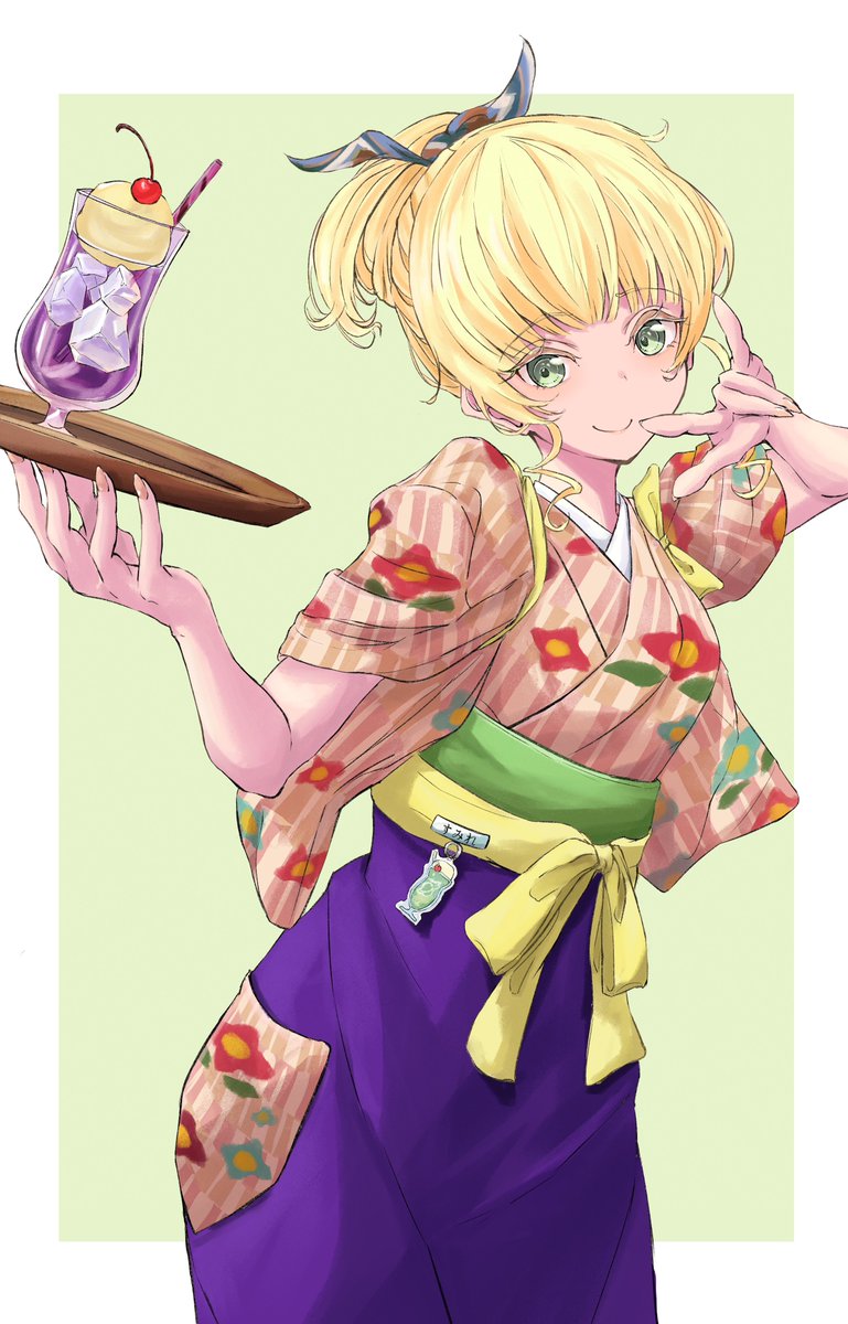 miyamoto frederica 1girl solo blonde hair japanese clothes cherry green eyes tray  illustration images