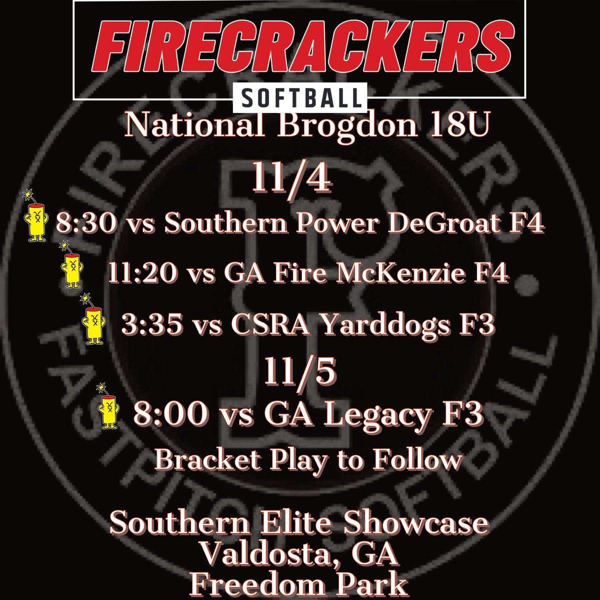 Excited to hit the field this weekend! 
Southern Elite Showcase
Valdosta, GA
Freedom Park
<a href="/Firecrackersinc/">Firecracker Softball</a> <a href="/FirecrackersGe1/">Firecrackers Georgia</a>