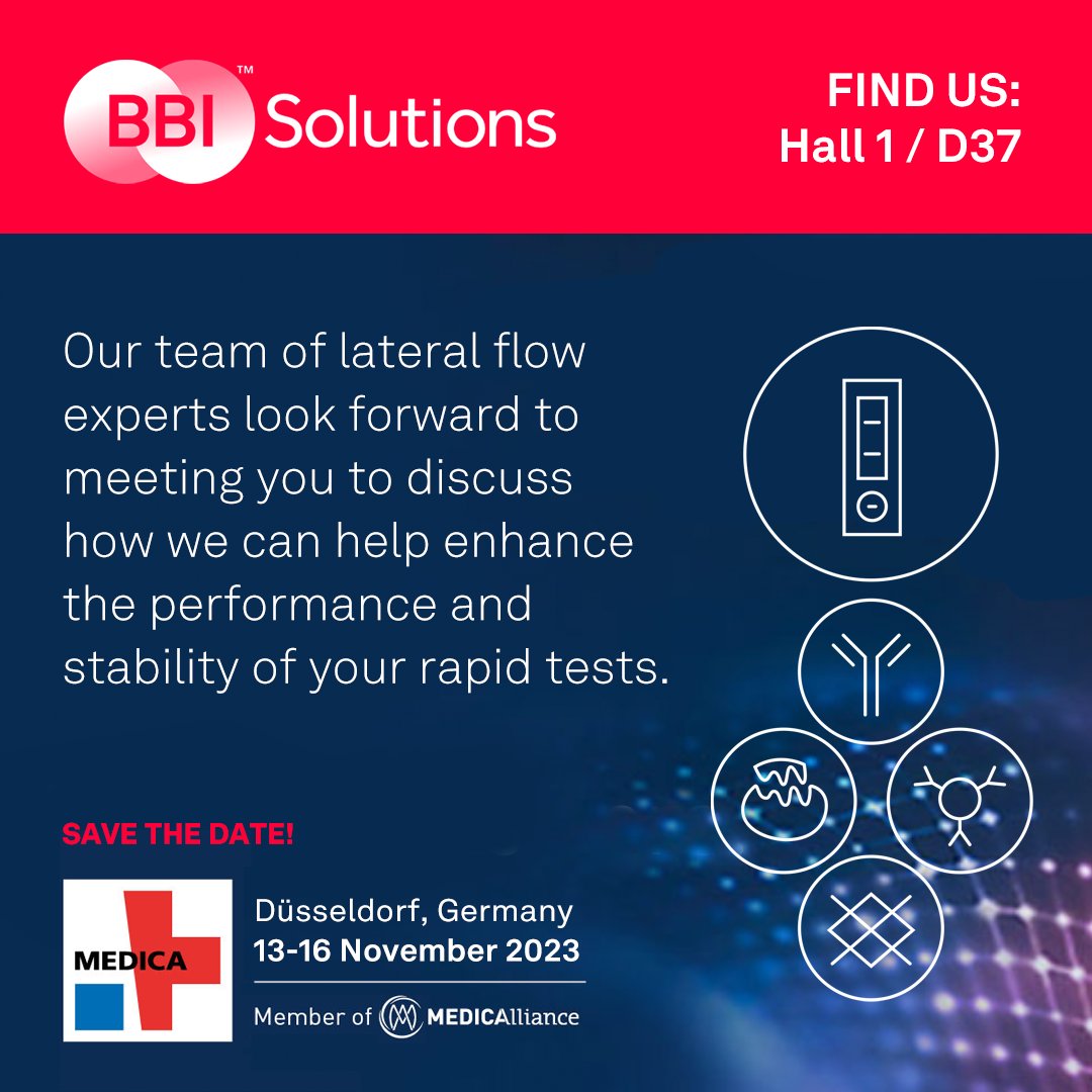 bbi_solutions's tweet image. At Medica this year? Interested in knowing how to increase the performance and stability of your rapid test? If so, come and meet our expert team over in Hall 1, 1 D37  or book  a meeting with us here :bit.ly/3tSpdEe #Medica2023 #LateralFlow
