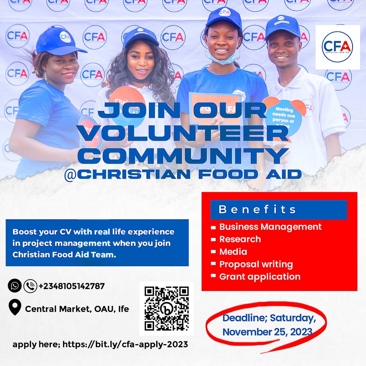 Are you interested in helping the less privileged while also building skills in project management, social media management, health research, and grant application? Volunteer @ CHRISTIAN FOOD AID(CFA)by clicking the link provided: bit.ly/cfa-apply-2023