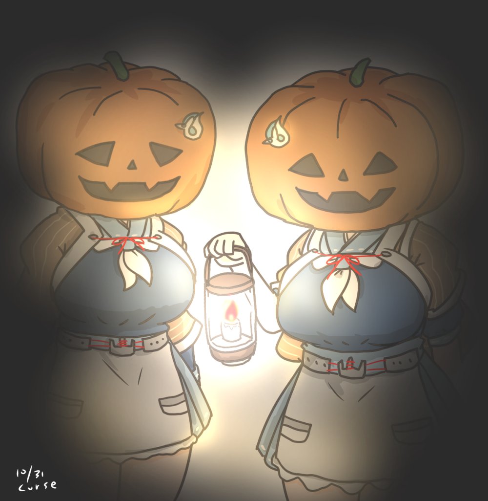 jingei (kancolle) multiple girls 2girls jack-o'-lantern breasts apron halloween waist apron  illustration images